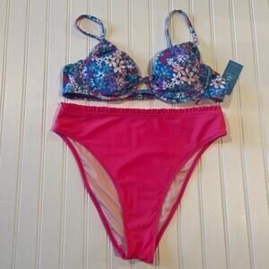 Cupshe Bikini NWT Women L Push Up Pink High Waist Floral Underwire Swimsuit Set